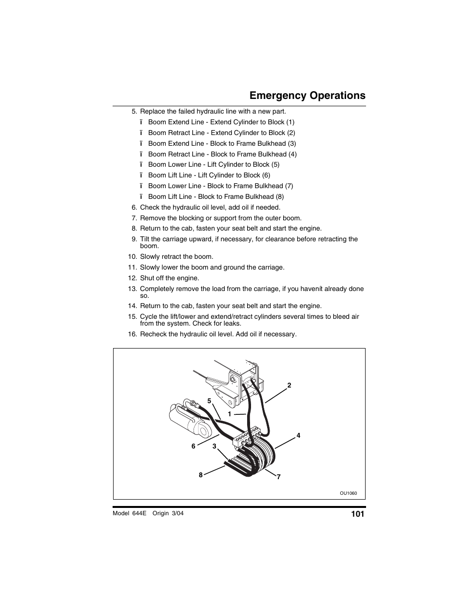 Replace the failed hydraulic line with a new part, Check the hydraulic oil level, add oil if needed, Remove the blocking or support from the outer boom | Slowly retract the boom, Slowly lower the boom and ground the carriage, Shut off the engine, Emergency operations | Lull 644E-42 Operation Manual User Manual | Page 103 / 200