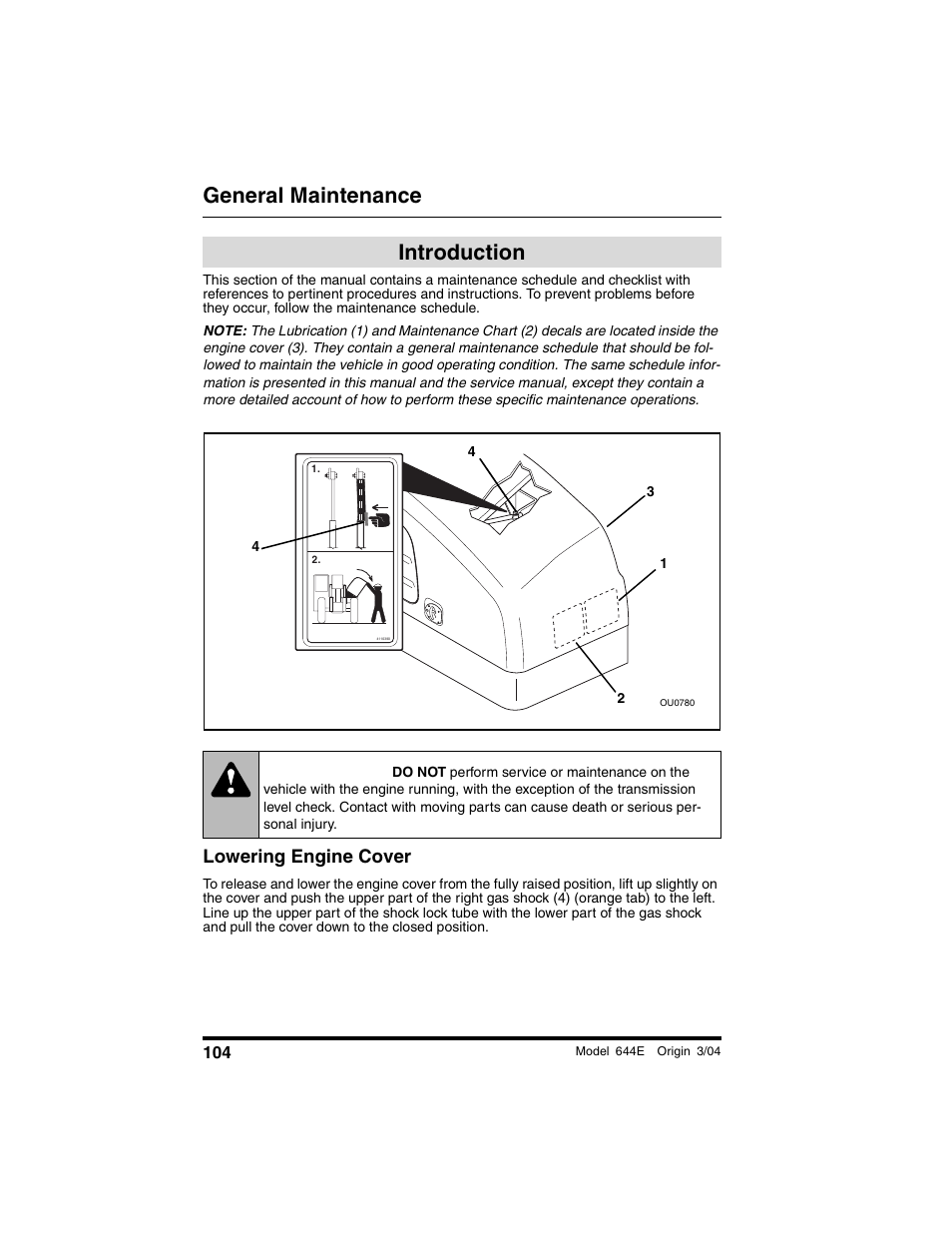 General maintenance, Introduction, Lowering engine cover | Warning | Lull 644E-42 Operation Manual User Manual | Page 106 / 200