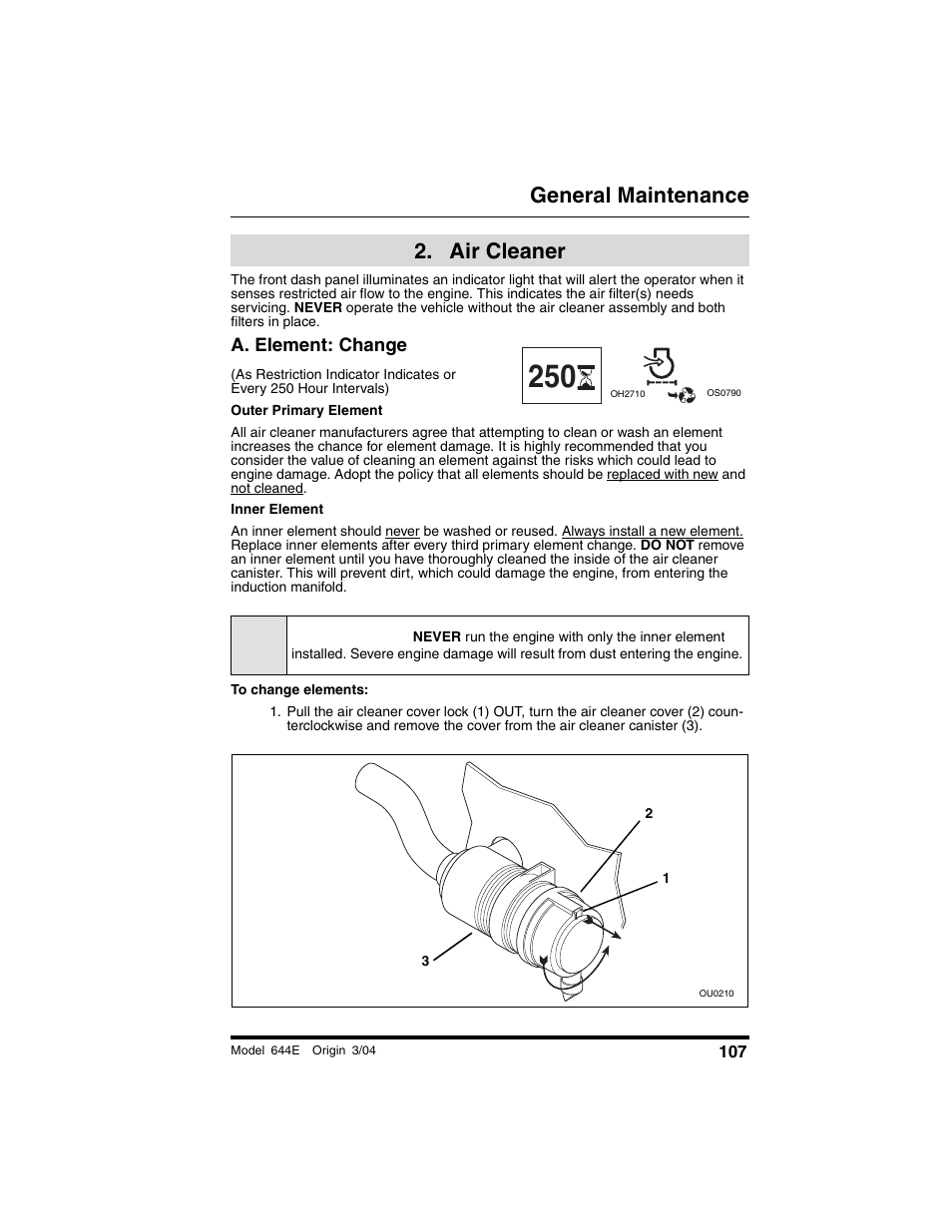  air cleaner, A. element: change, Air cleaner | Caution, General maintenance | Lull 644E-42 Operation Manual User Manual | Page 109 / 200