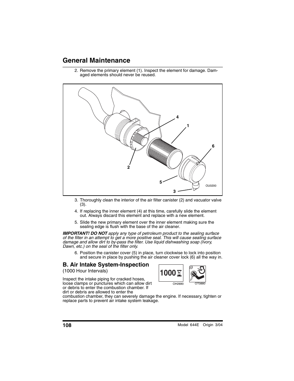 B. air intake system-inspection, 1000 hour intervals), General maintenance | Lull 644E-42 Operation Manual User Manual | Page 110 / 200