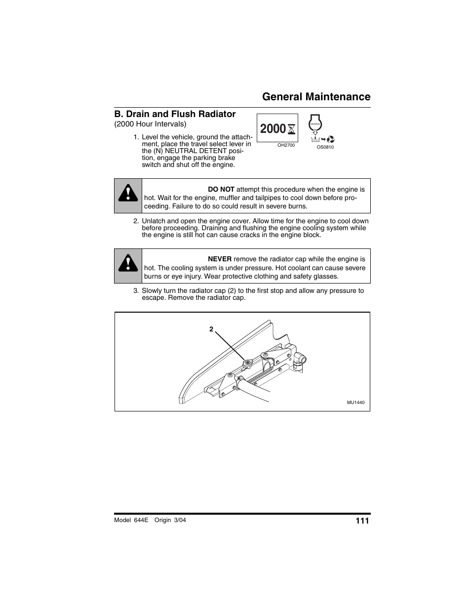 B. drain and flush radiator, 2000 hour intervals), Warning | General maintenance | Lull 644E-42 Operation Manual User Manual | Page 113 / 200