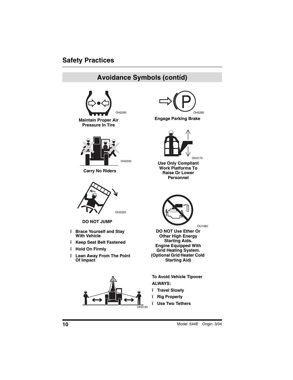 Avoidance symbols (cont’d), Safety practices avoidance symbols (contíd) | Lull 644E-42 Operation Manual User Manual | Page 12 / 200