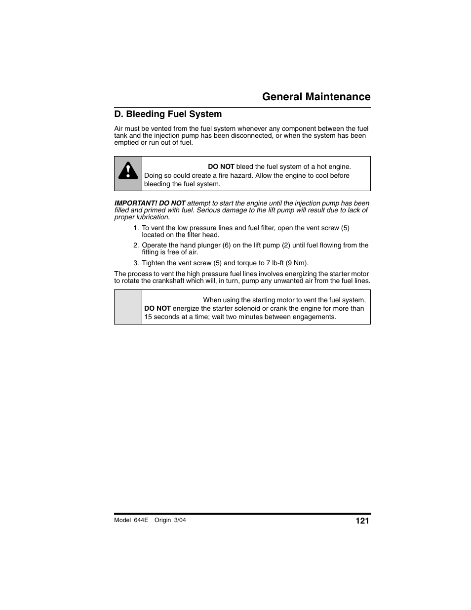 D. bleeding fuel system, Warning, Caution | General maintenance | Lull 644E-42 Operation Manual User Manual | Page 123 / 200