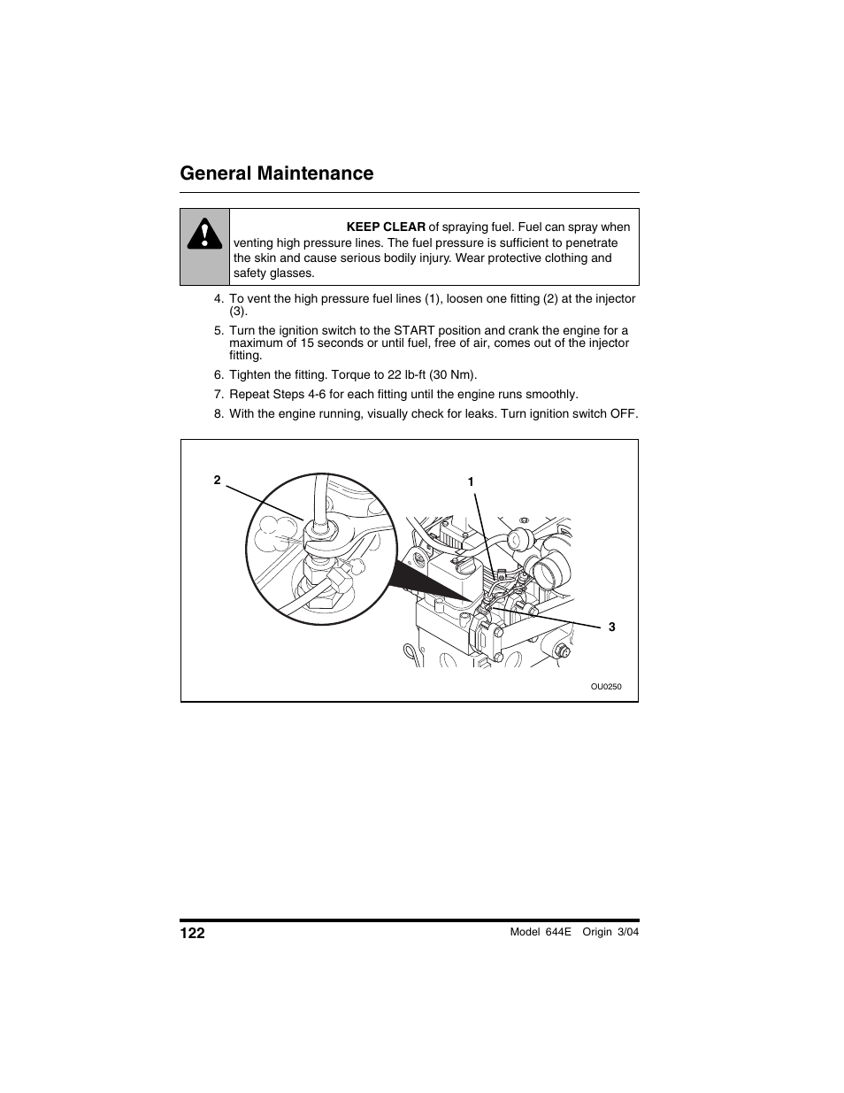 Tighten the fitting. torque to 22 lb-ft (30 nm), Warning, General maintenance | Lull 644E-42 Operation Manual User Manual | Page 124 / 200