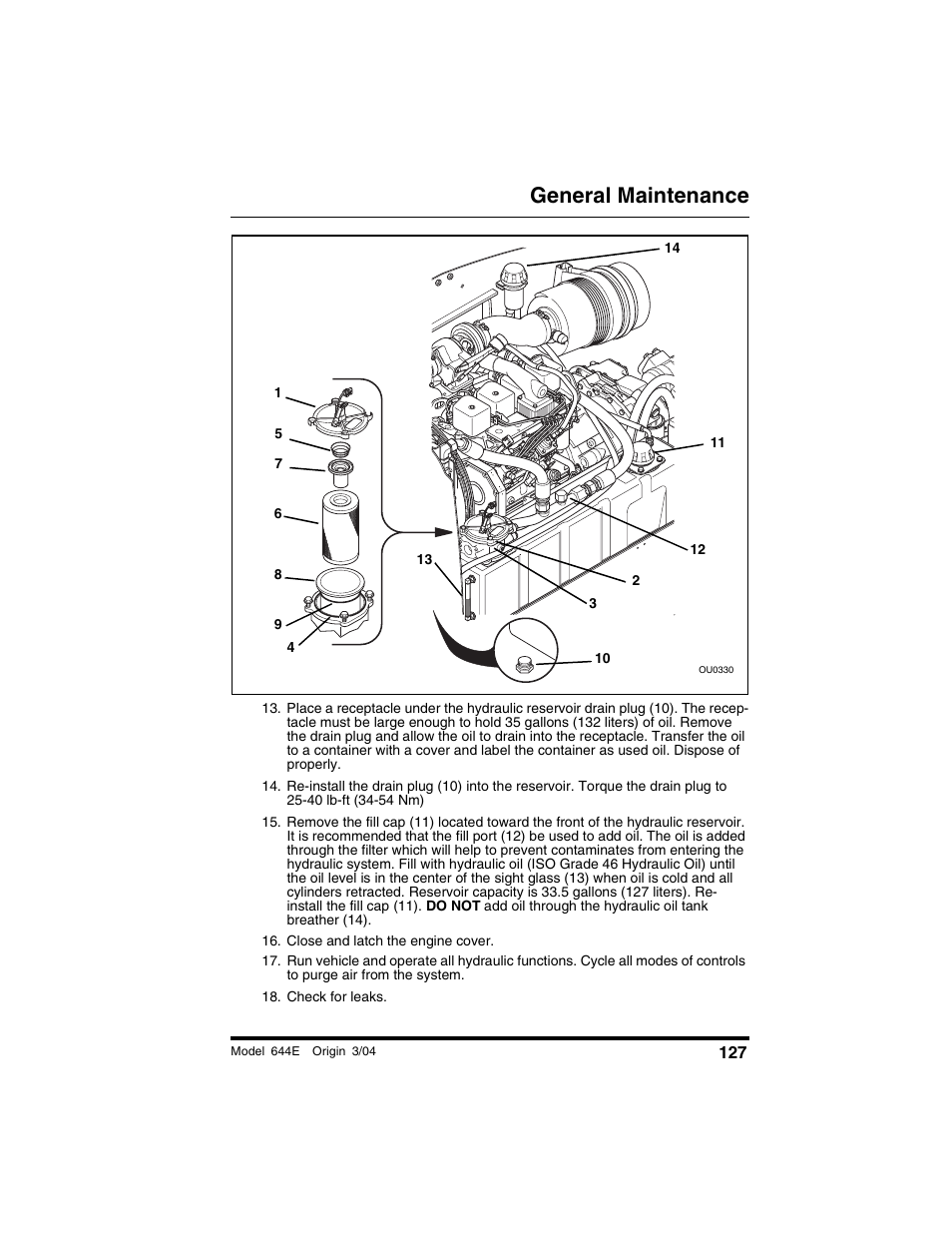 Close and latch the engine cover, Check for leaks, General maintenance | Lull 644E-42 Operation Manual User Manual | Page 129 / 200