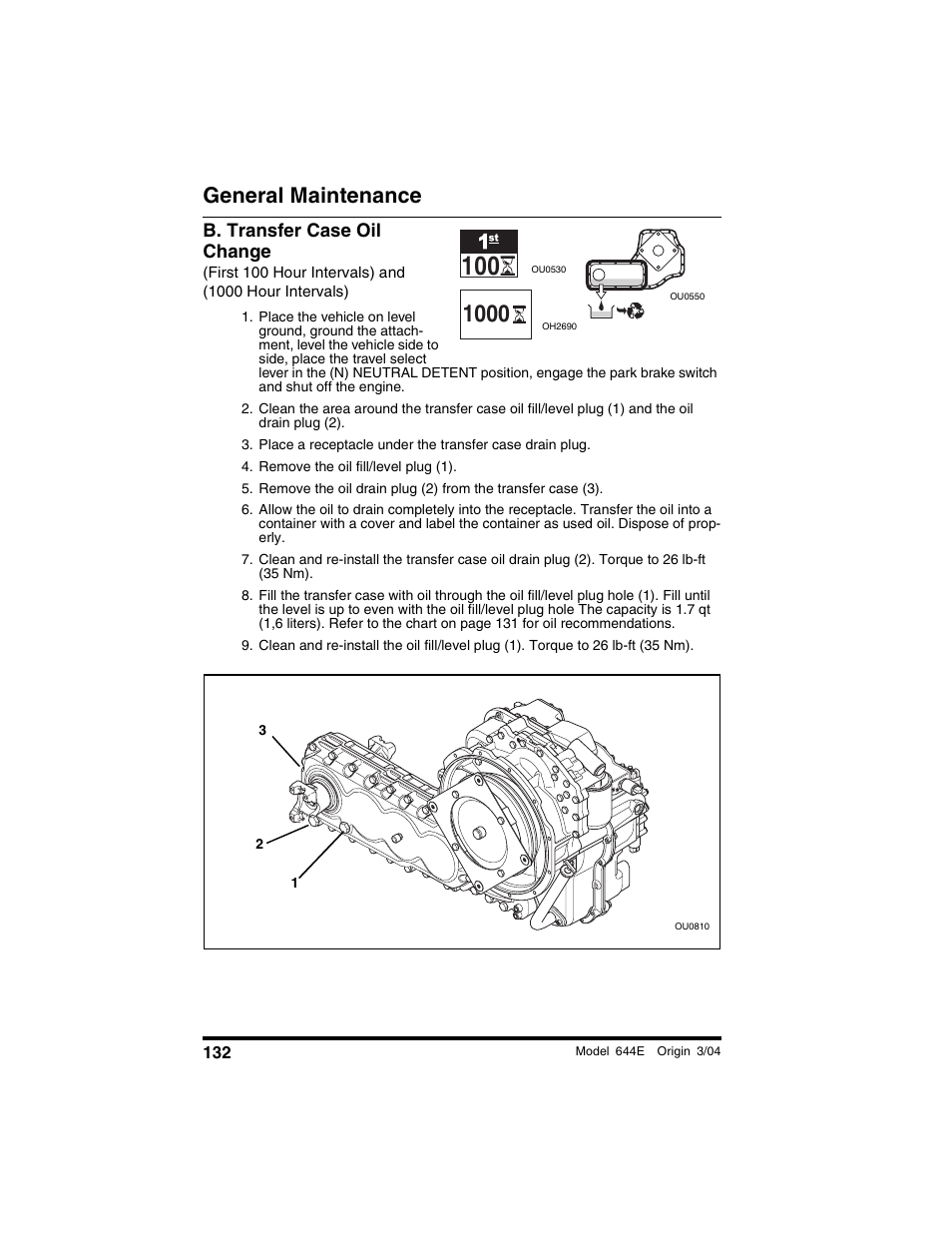 B. transfer case oil change, Remove the oil fill/level plug (1), General maintenance | Lull 644E-42 Operation Manual User Manual | Page 134 / 200