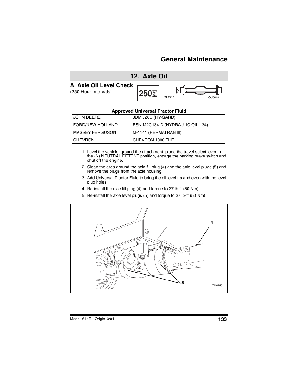  axle oil, A. axle oil level check, 250 hour intervals) | Approved universal tractor fluid, Axle oil, General maintenance | Lull 644E-42 Operation Manual User Manual | Page 135 / 200