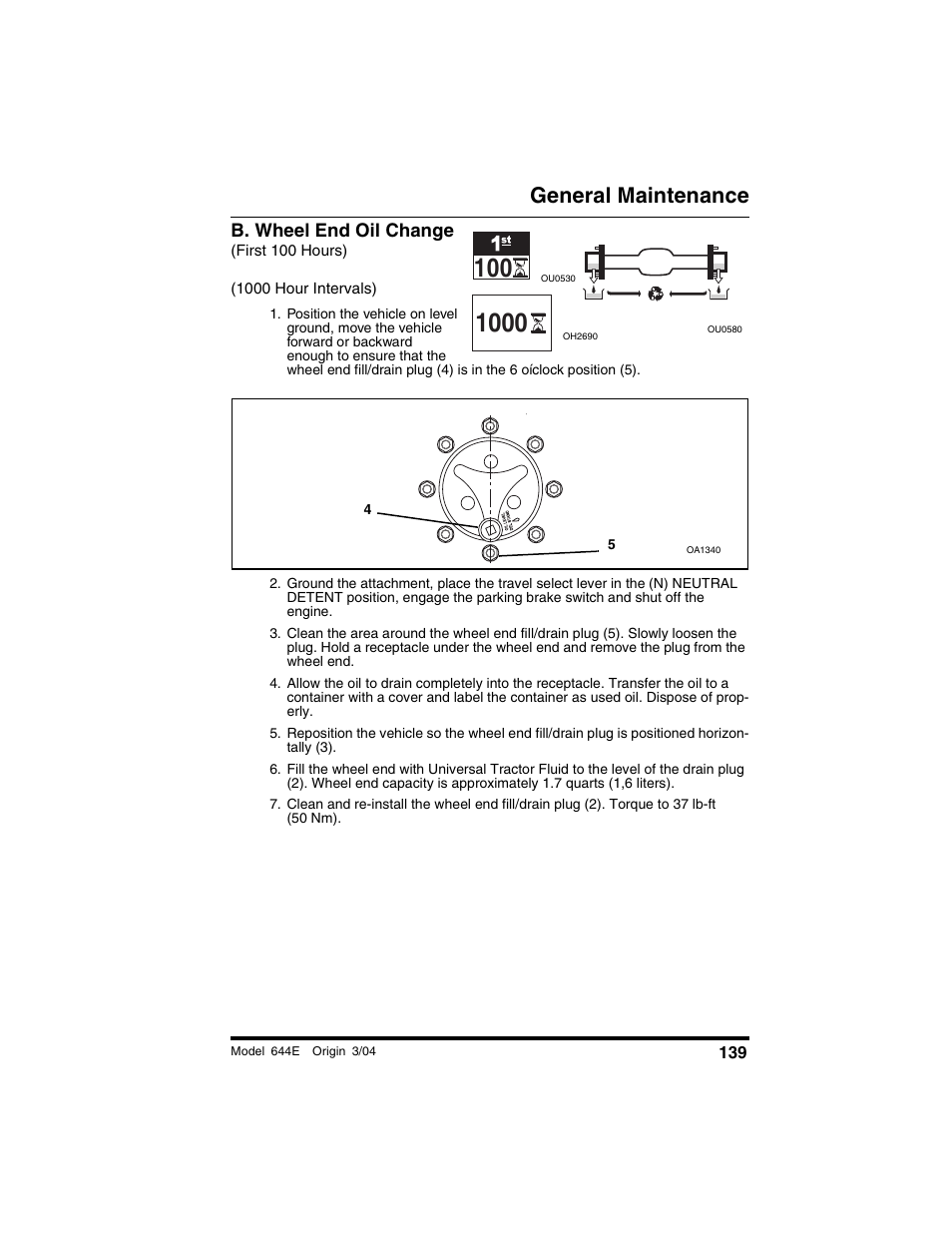 B. wheel end oil change, First 100 hours), 1000 hour intervals) | General maintenance | Lull 644E-42 Operation Manual User Manual | Page 141 / 200