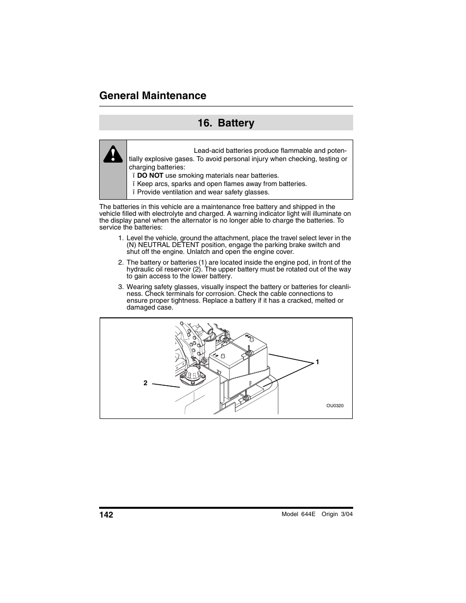  battery, Battery, Warning | General maintenance | Lull 644E-42 Operation Manual User Manual | Page 144 / 200