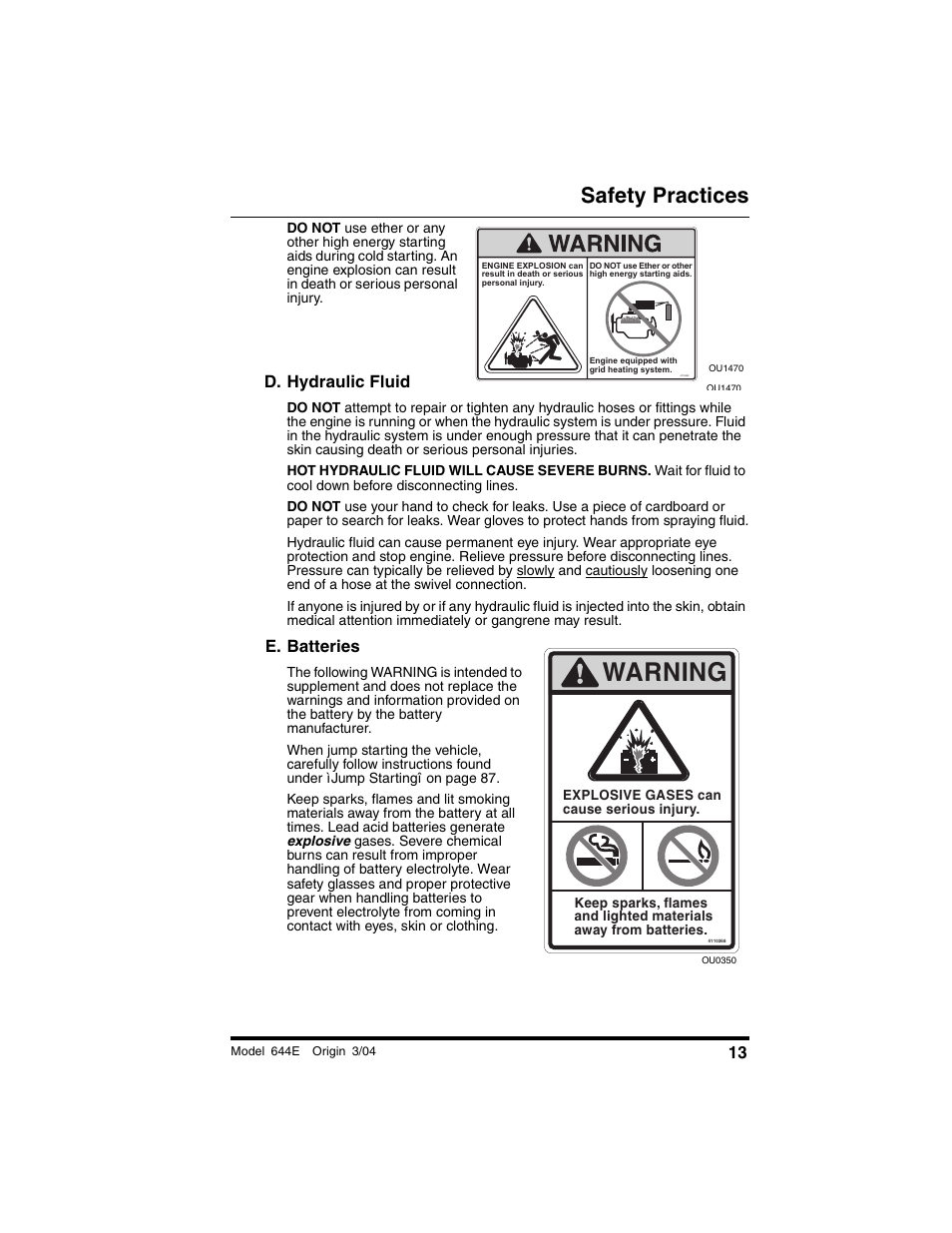 D. hydraulic fluid, E. batteries, Warning | Safety practices | Lull 644E-42 Operation Manual User Manual | Page 15 / 200