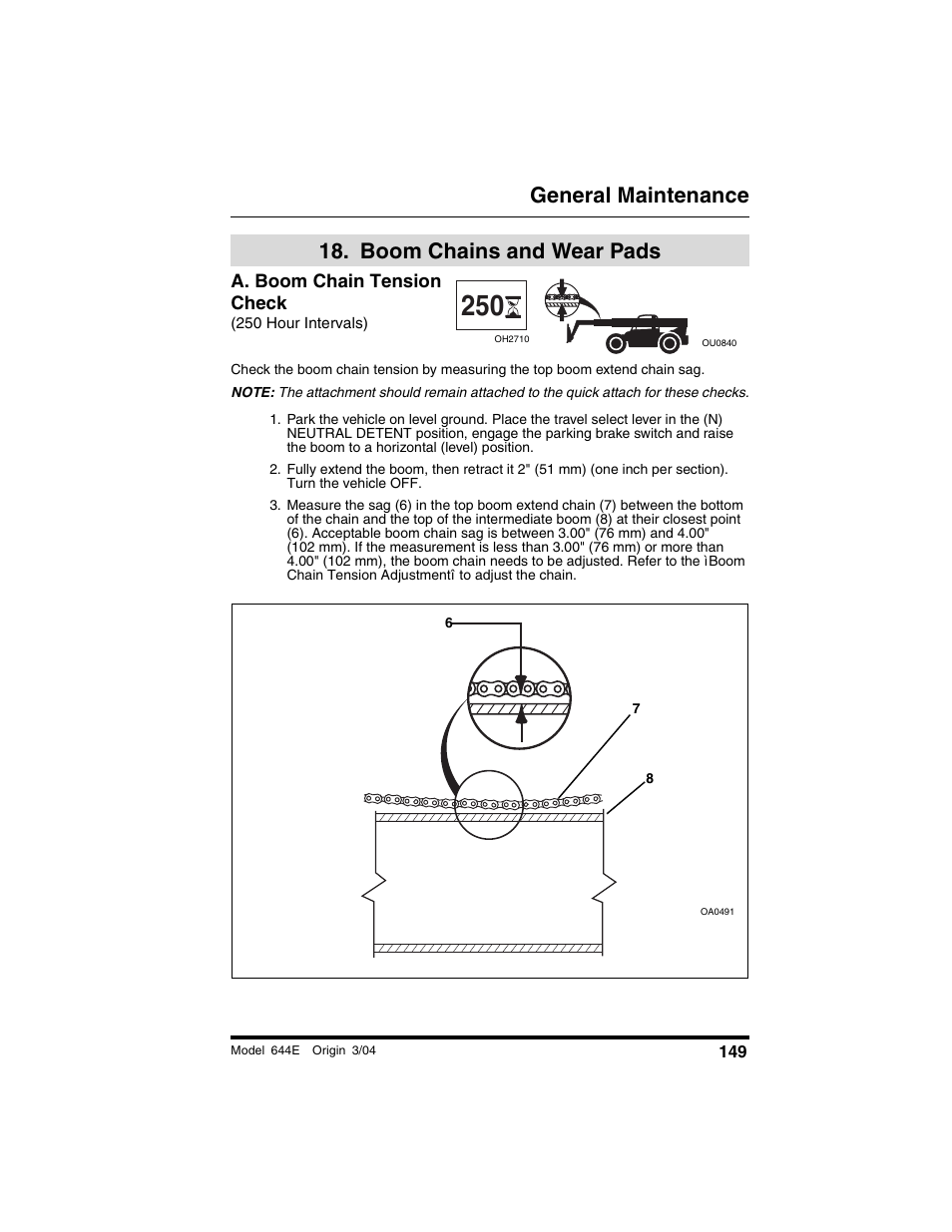  boom chains and wear pads, A. boom chain tension check, 250 hour intervals) | Boom chains and wear, Pads, General maintenance, Boom chains and wear pads | Lull 644E-42 Operation Manual User Manual | Page 151 / 200