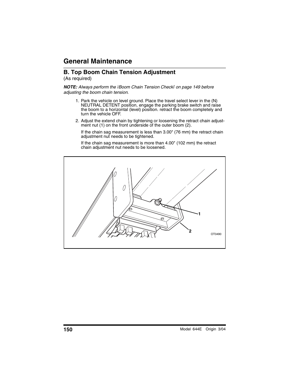 B. top boom chain tension adjustment, As required), General maintenance | Lull 644E-42 Operation Manual User Manual | Page 152 / 200