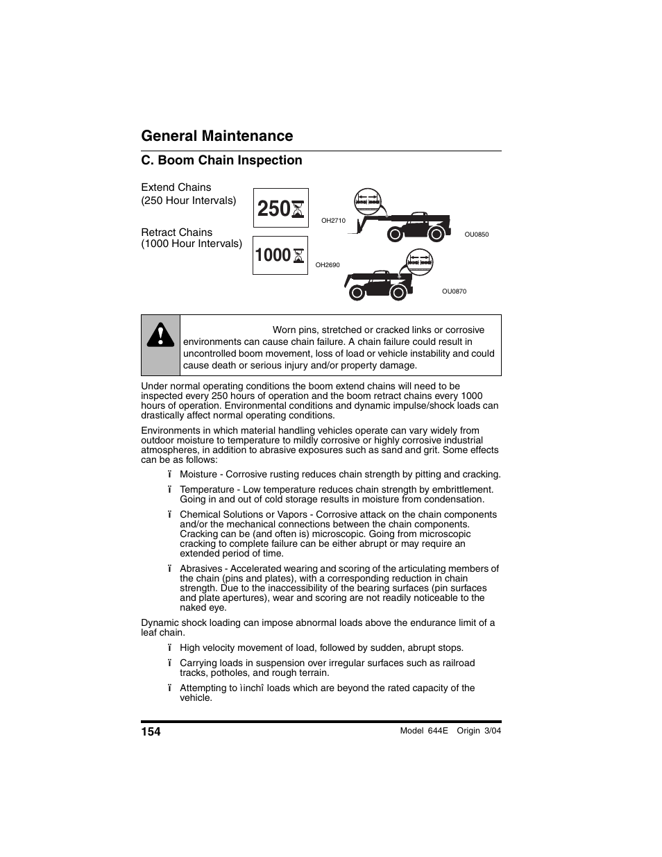 C. boom chain inspection, Extend chains (250 hour intervals), Warning | General maintenance | Lull 644E-42 Operation Manual User Manual | Page 156 / 200