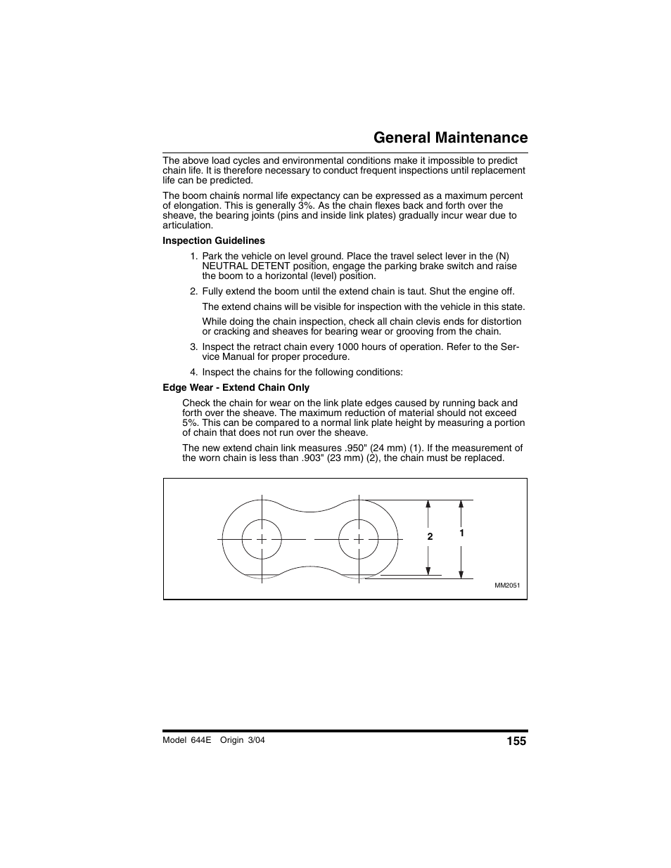 Inspect the chains for the following conditions, General maintenance | Lull 644E-42 Operation Manual User Manual | Page 157 / 200