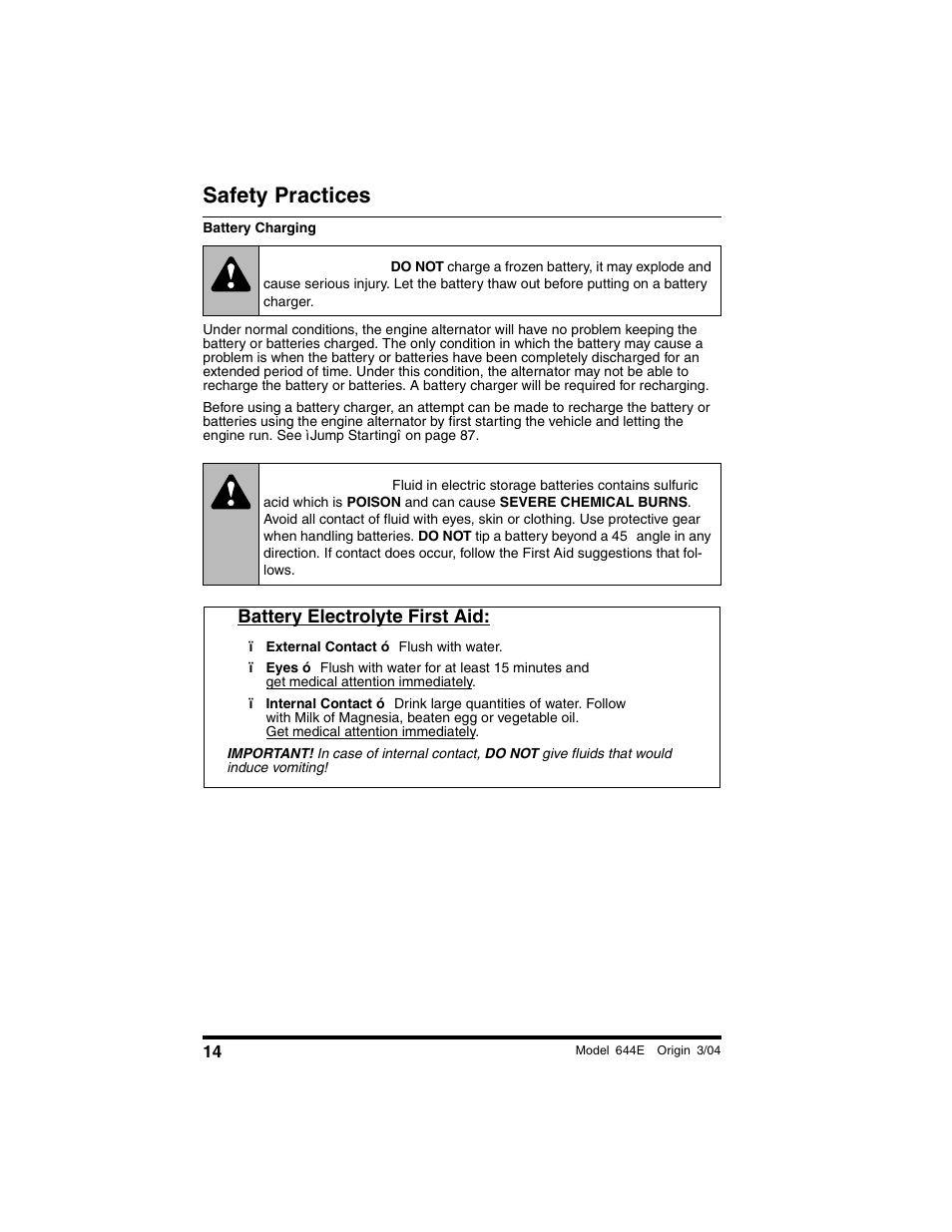 Battery electrolyte first aid, Warning, Safety practices | Lull 644E-42 Operation Manual User Manual | Page 16 / 200