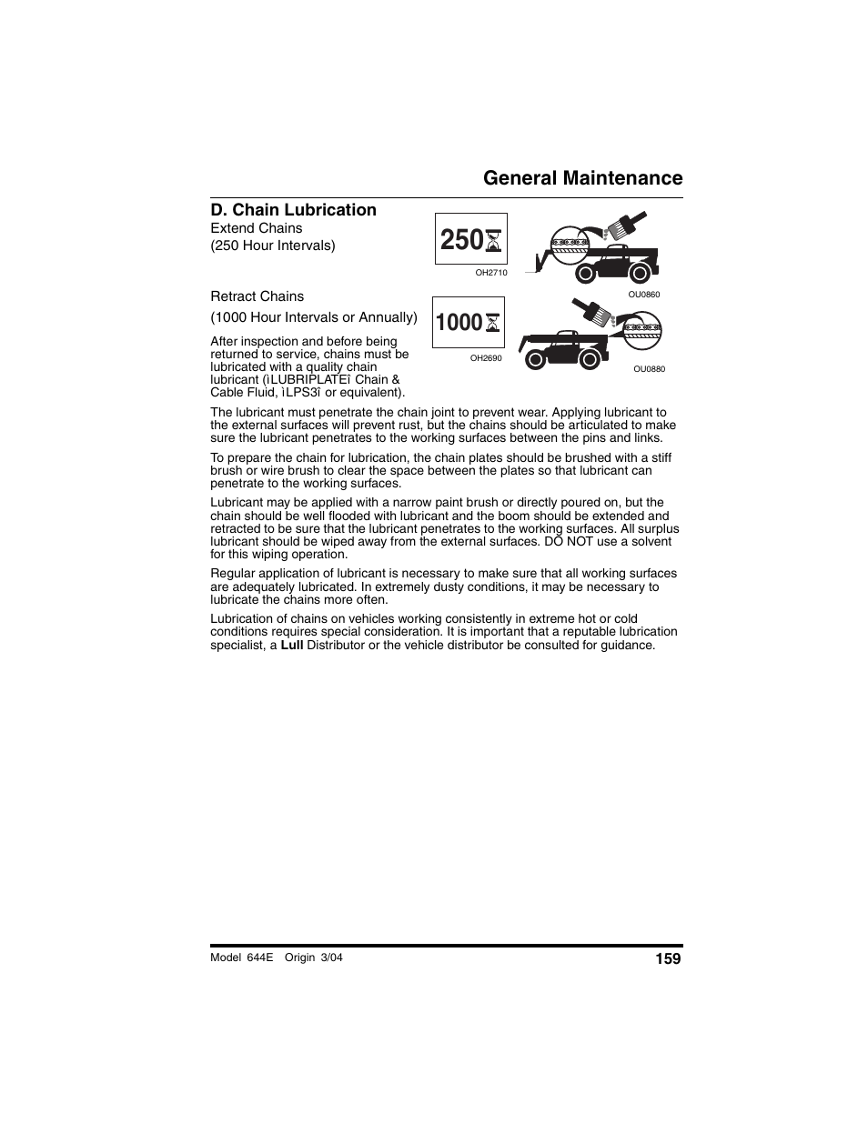 D. chain lubrication, Extend chains, 250 hour intervals) | 1000 hour intervals or annually), General maintenance | Lull 644E-42 Operation Manual User Manual | Page 161 / 200