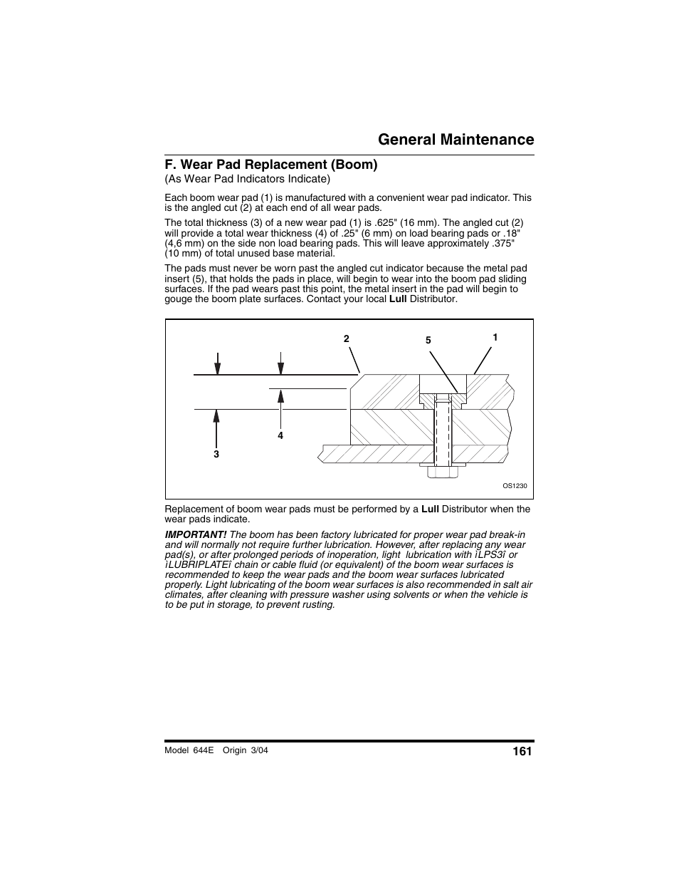 F. wear pad replacement (boom), As wear pad indicators indicate), General maintenance | Lull 644E-42 Operation Manual User Manual | Page 163 / 200