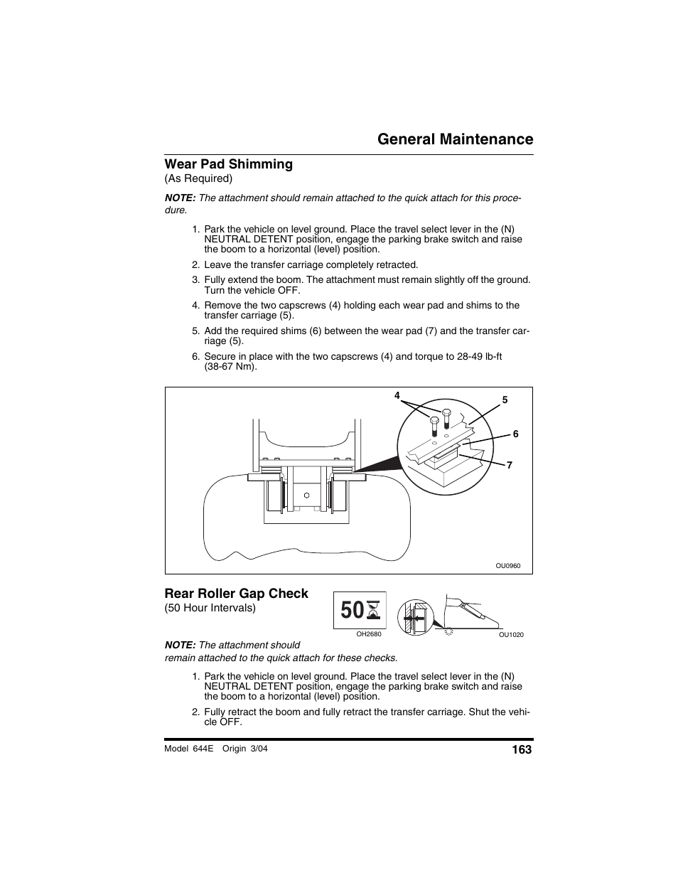 Wear pad shimming, As required), Leave the transfer carriage completely retracted | Rear roller gap check, 50 hour intervals), General maintenance | Lull 644E-42 Operation Manual User Manual | Page 165 / 200