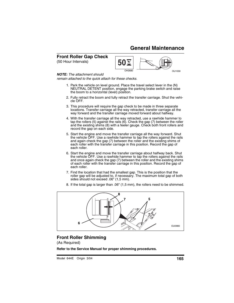 Front roller gap check, 50 hour intervals), Front roller shimming | As required), General maintenance | Lull 644E-42 Operation Manual User Manual | Page 167 / 200