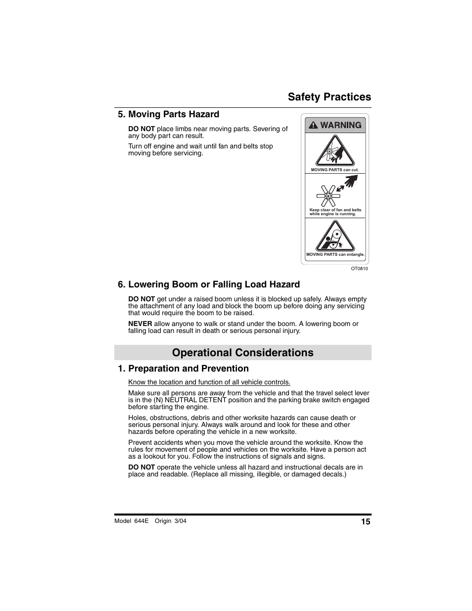 Moving parts hazard, Lowering boom or falling load hazard, Operational considerations | Preparation and prevention, Safety practices | Lull 644E-42 Operation Manual User Manual | Page 17 / 200