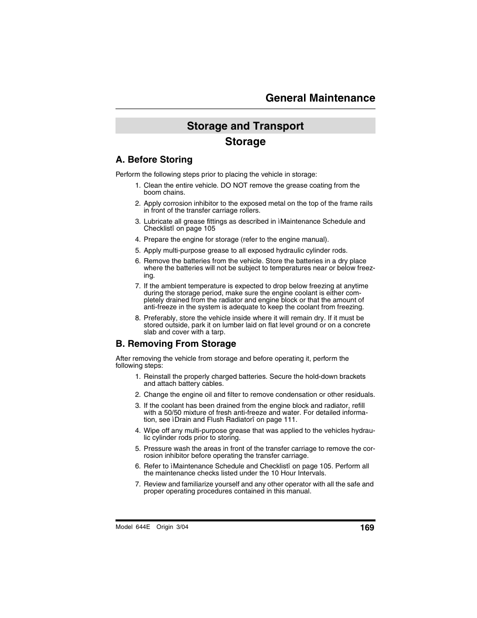 Storage and transport, Storage, A. before storing | B. removing from storage, Storage and transport storage, General maintenance | Lull 644E-42 Operation Manual User Manual | Page 171 / 200