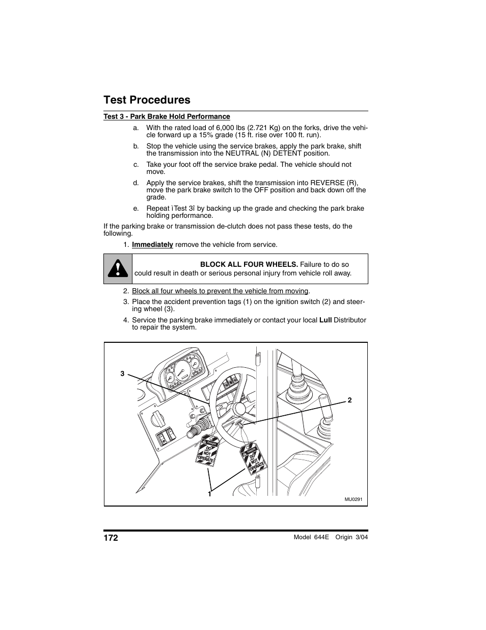 Immediately remove the vehicle from service, Warning, Test procedures | Lull 644E-42 Operation Manual User Manual | Page 174 / 200