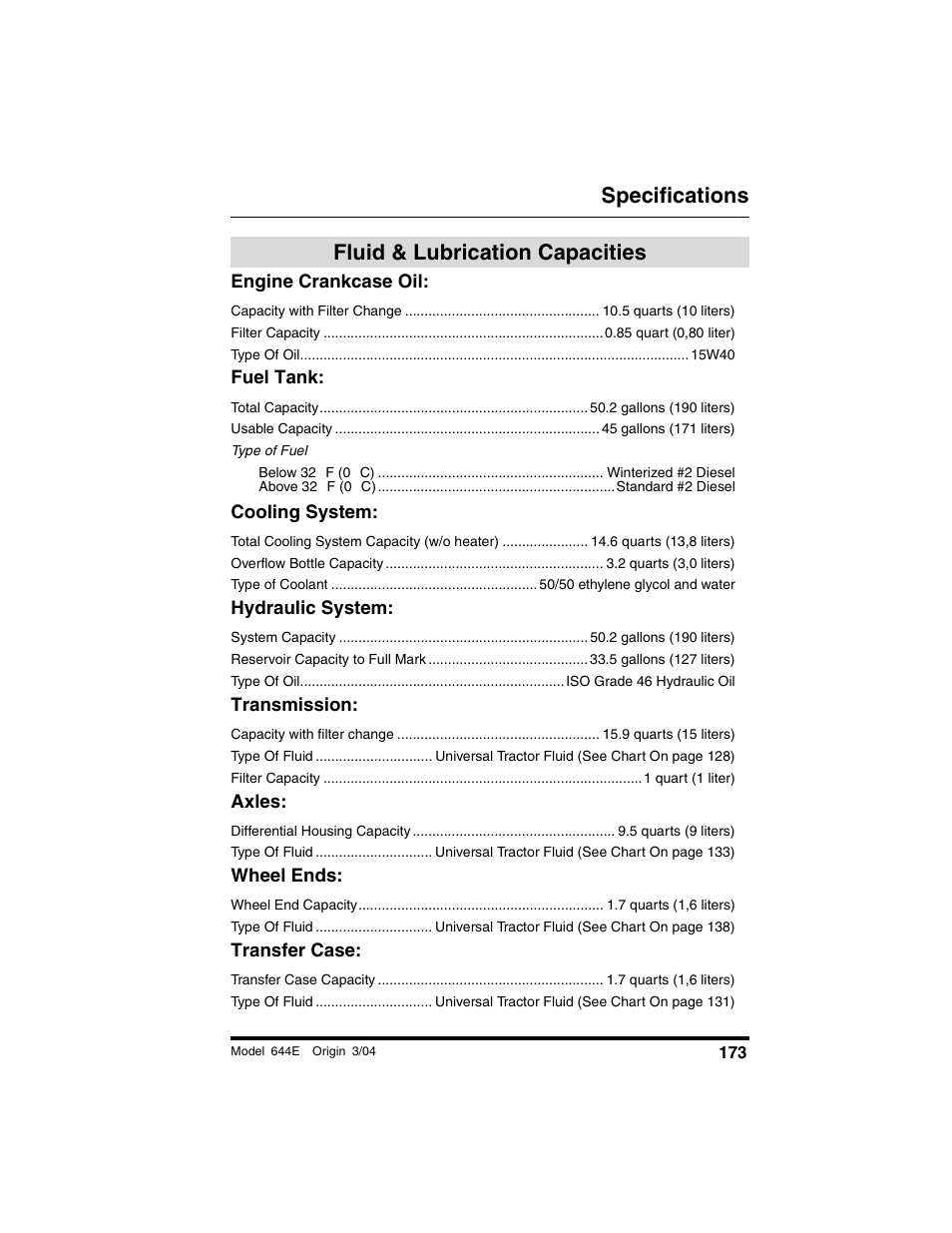 Specifications, Fluid & lubrication capacities, Engine crankcase oil | Fuel tank, Cooling system, Hydraulic system, Transmission, Axles, Wheel ends, Transfer case | Lull 644E-42 Operation Manual User Manual | Page 175 / 200