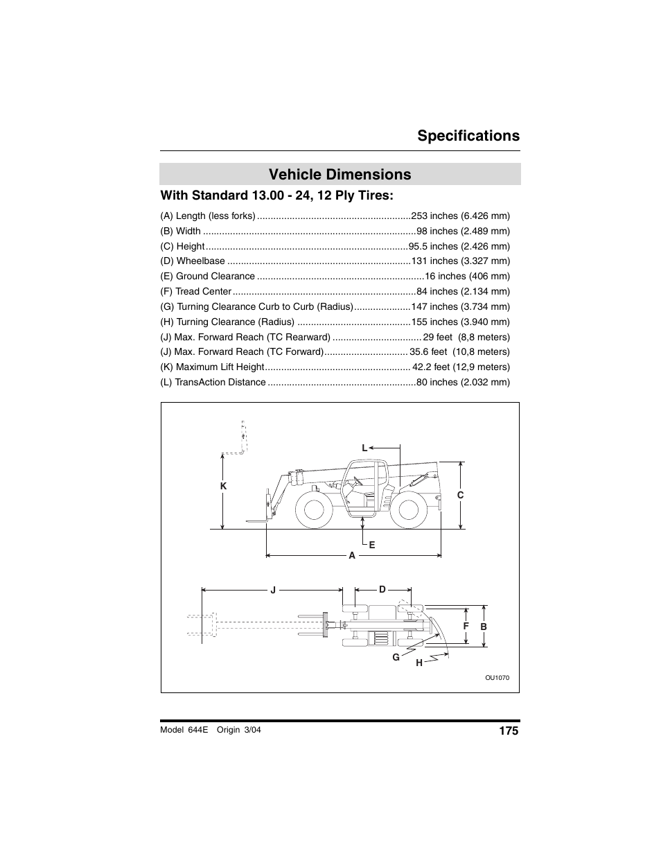 Vehicle dimensions, With standard 13.00 - 24, 12 ply tires, Specifications | Lull 644E-42 Operation Manual User Manual | Page 177 / 200