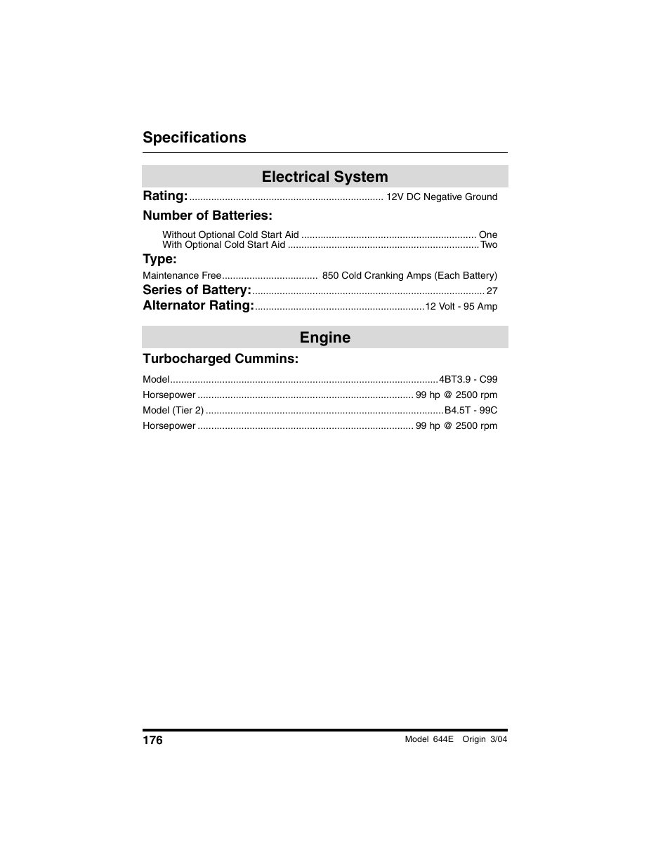 Electrical system, Engine, Turbocharged cummins | Electrical system engine, Specifications | Lull 644E-42 Operation Manual User Manual | Page 178 / 200