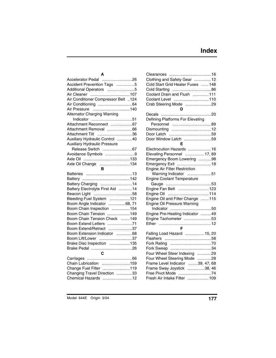 Index | Lull 644E-42 Operation Manual User Manual | Page 179 / 200