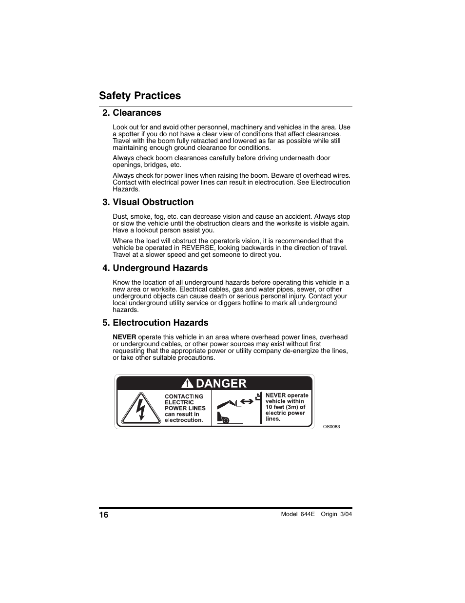 Clearances, Visual obstruction, Underground hazards | Electrocution hazards, Safety practices | Lull 644E-42 Operation Manual User Manual | Page 18 / 200