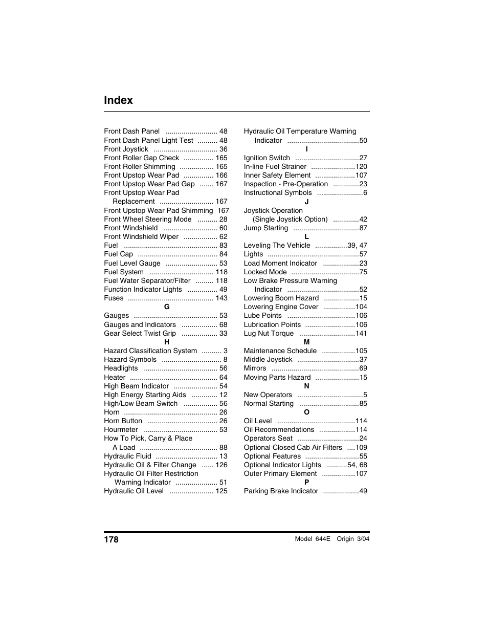 Index | Lull 644E-42 Operation Manual User Manual | Page 180 / 200