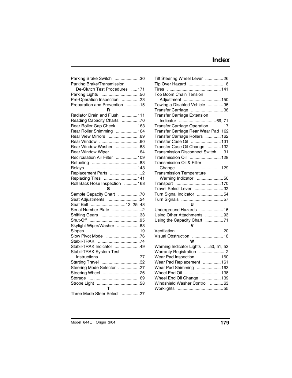 Index | Lull 644E-42 Operation Manual User Manual | Page 181 / 200