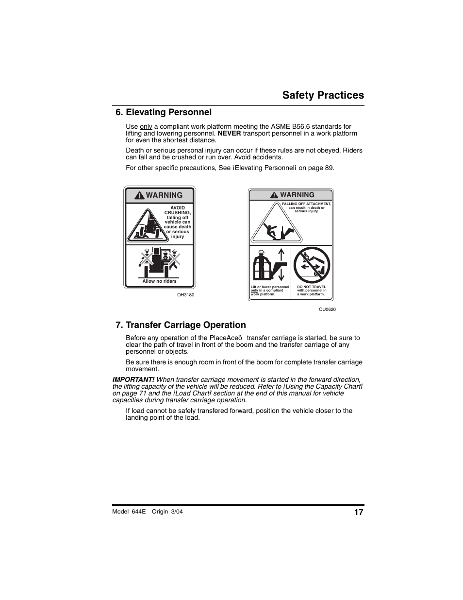 Elevating personnel, Transfer carriage operation, Safety practices | Warning | Lull 644E-42 Operation Manual User Manual | Page 19 / 200