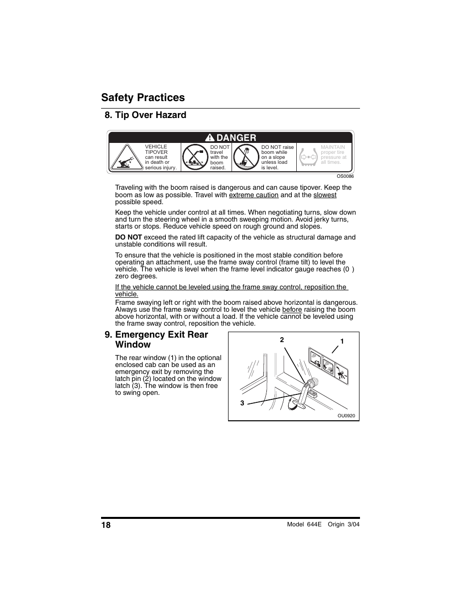 Tip over hazard, Emergency exit rear window, Safety practices | Danger | Lull 644E-42 Operation Manual User Manual | Page 20 / 200