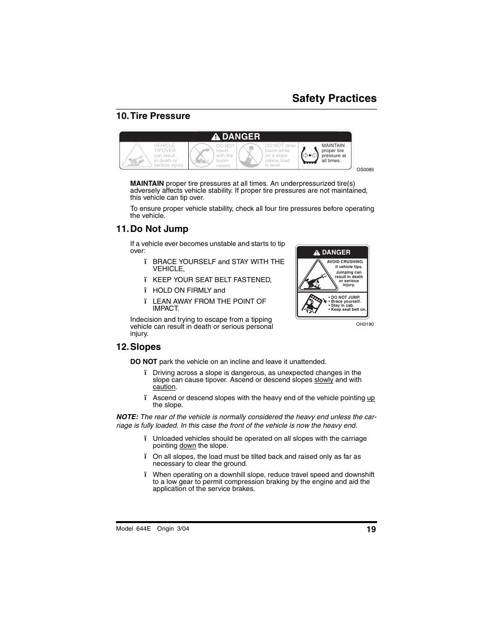 Tire pressure, Do not jump, Slopes | Safety practices, Danger | Lull 644E-42 Operation Manual User Manual | Page 21 / 200