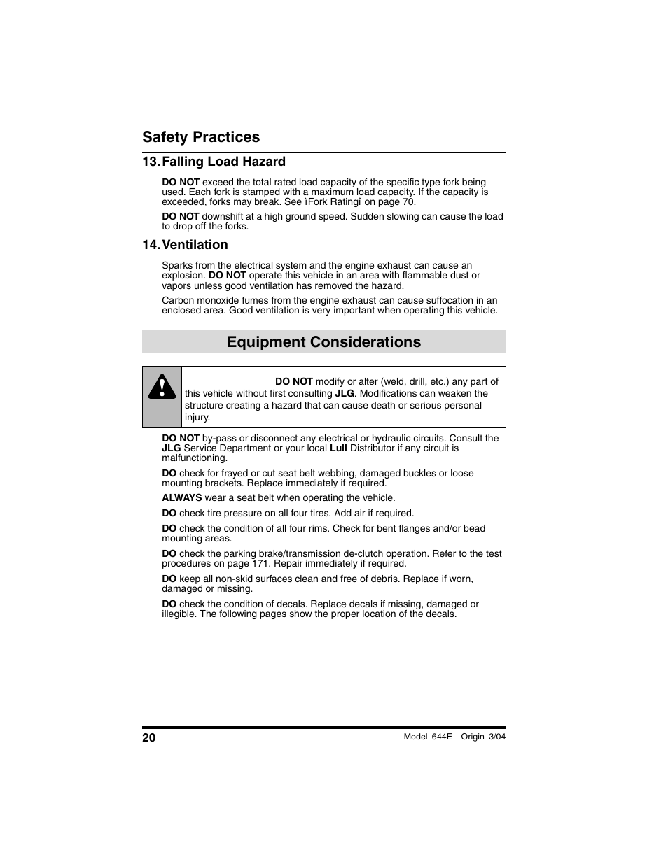 Falling load hazard, Ventilation, Equipment considerations | Warning, Safety practices | Lull 644E-42 Operation Manual User Manual | Page 22 / 200