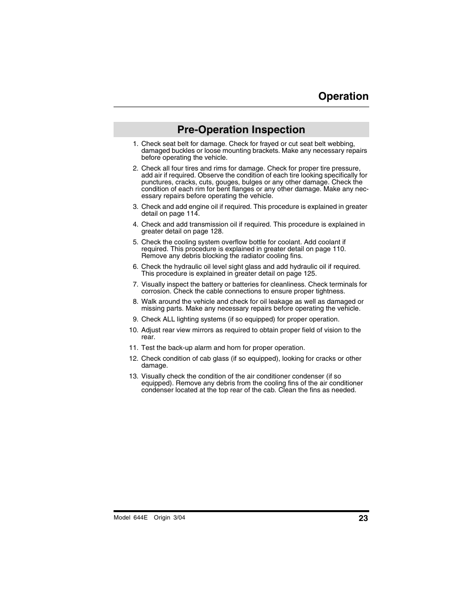 Operation, Pre-operation inspection | Lull 644E-42 Operation Manual User Manual | Page 25 / 200