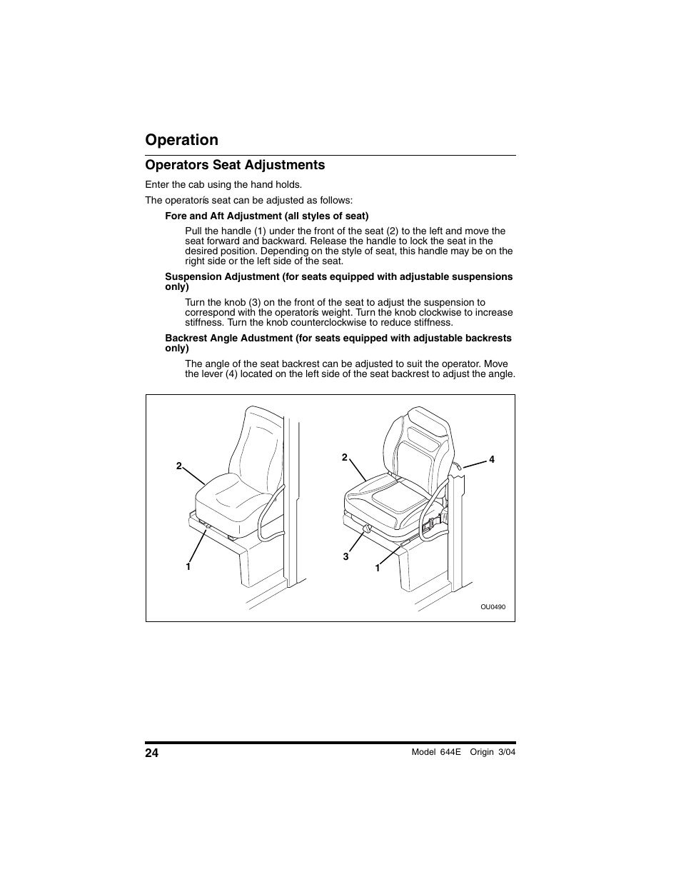 Operators seat adjustments, Operation | Lull 644E-42 Operation Manual User Manual | Page 26 / 200