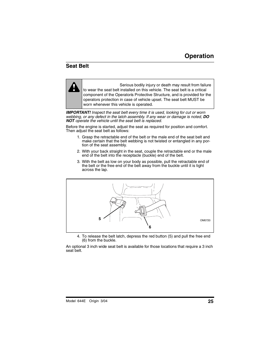 Seat belt, Warning, Operation | Lull 644E-42 Operation Manual User Manual | Page 27 / 200