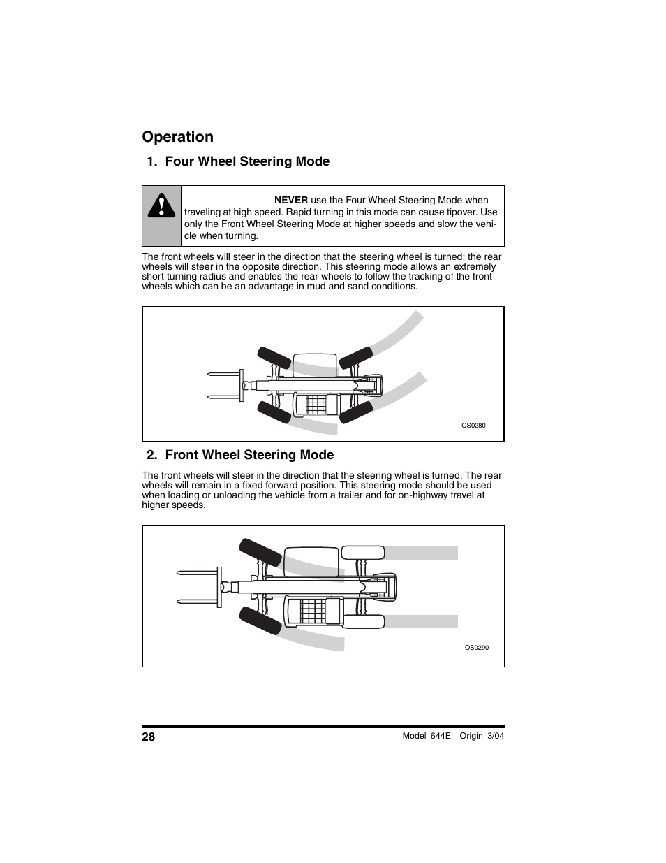 Four wheel steering mode, Front wheel steering mode, Warning | Operation | Lull 644E-42 Operation Manual User Manual | Page 30 / 200