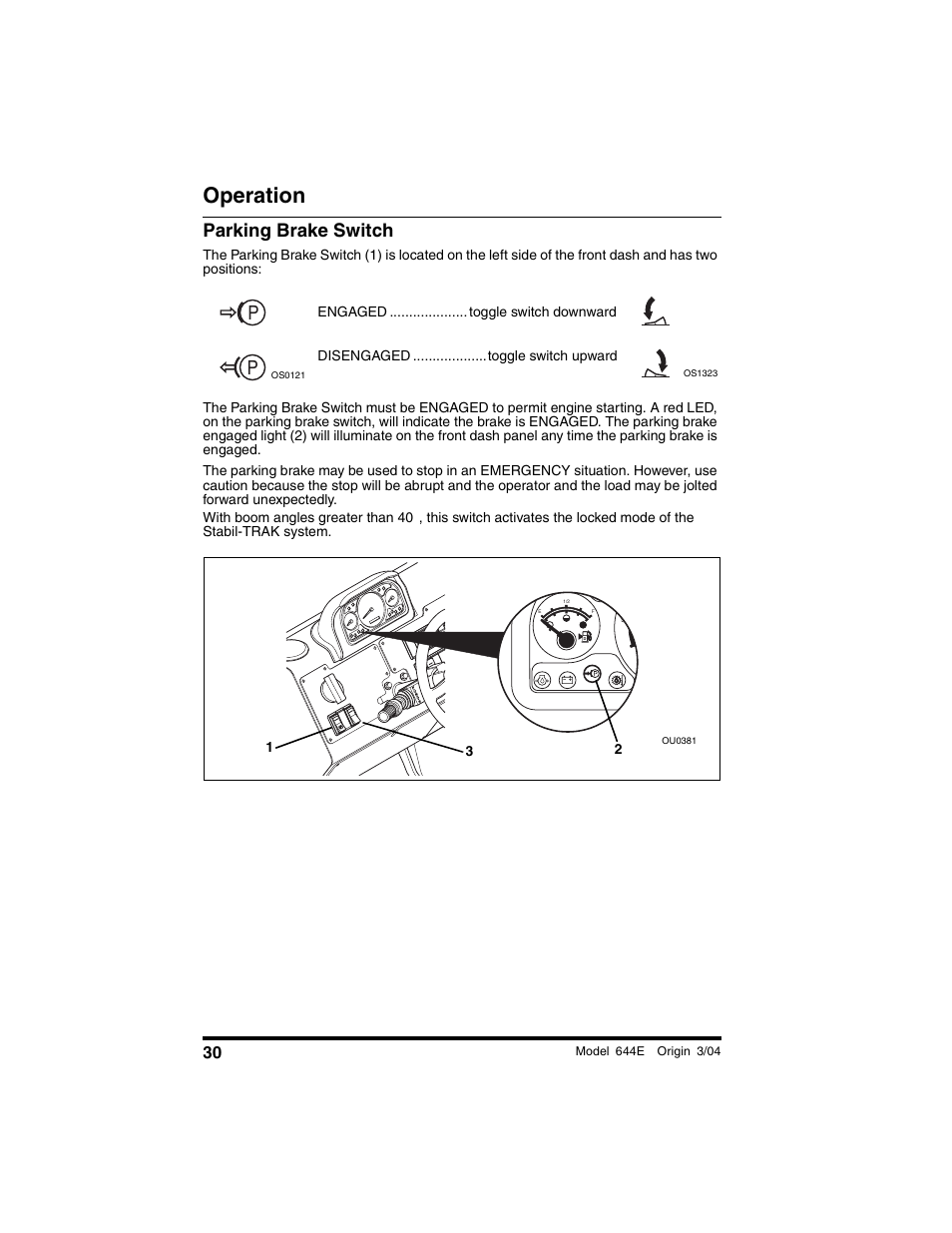 Parking brake switch, Operation | Lull 644E-42 Operation Manual User Manual | Page 32 / 200