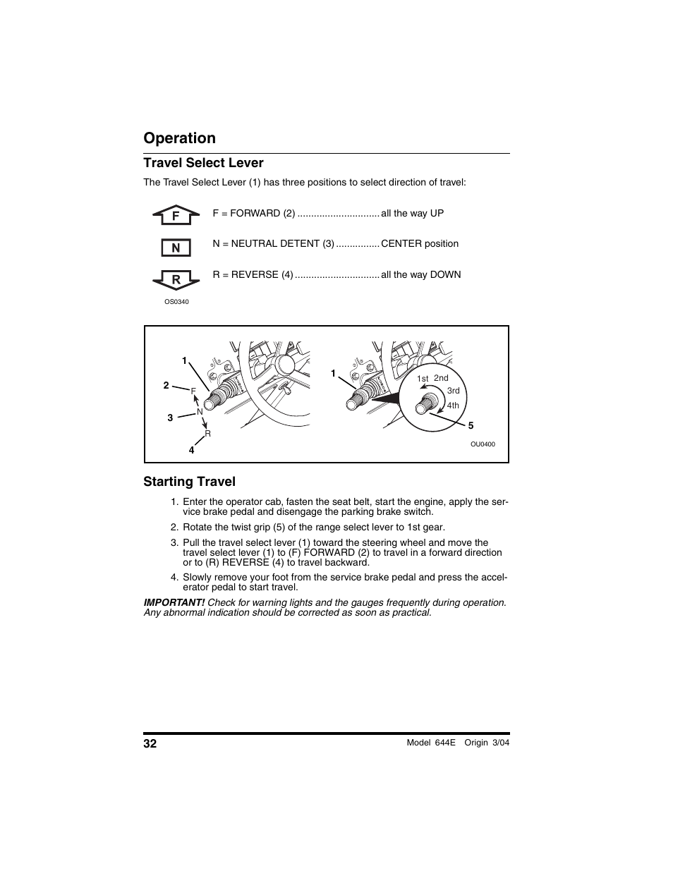 Travel select lever, Starting travel, Operation | Lull 644E-42 Operation Manual User Manual | Page 34 / 200