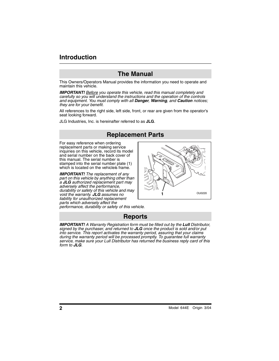 Introduction, The manual, Replacement parts | Reports, The manual replacement parts reports | Lull 644E-42 Operation Manual User Manual | Page 4 / 200