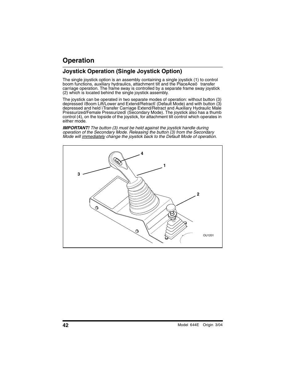 Joystick operation (single joystick option), Operation | Lull 644E-42 Operation Manual User Manual | Page 44 / 200