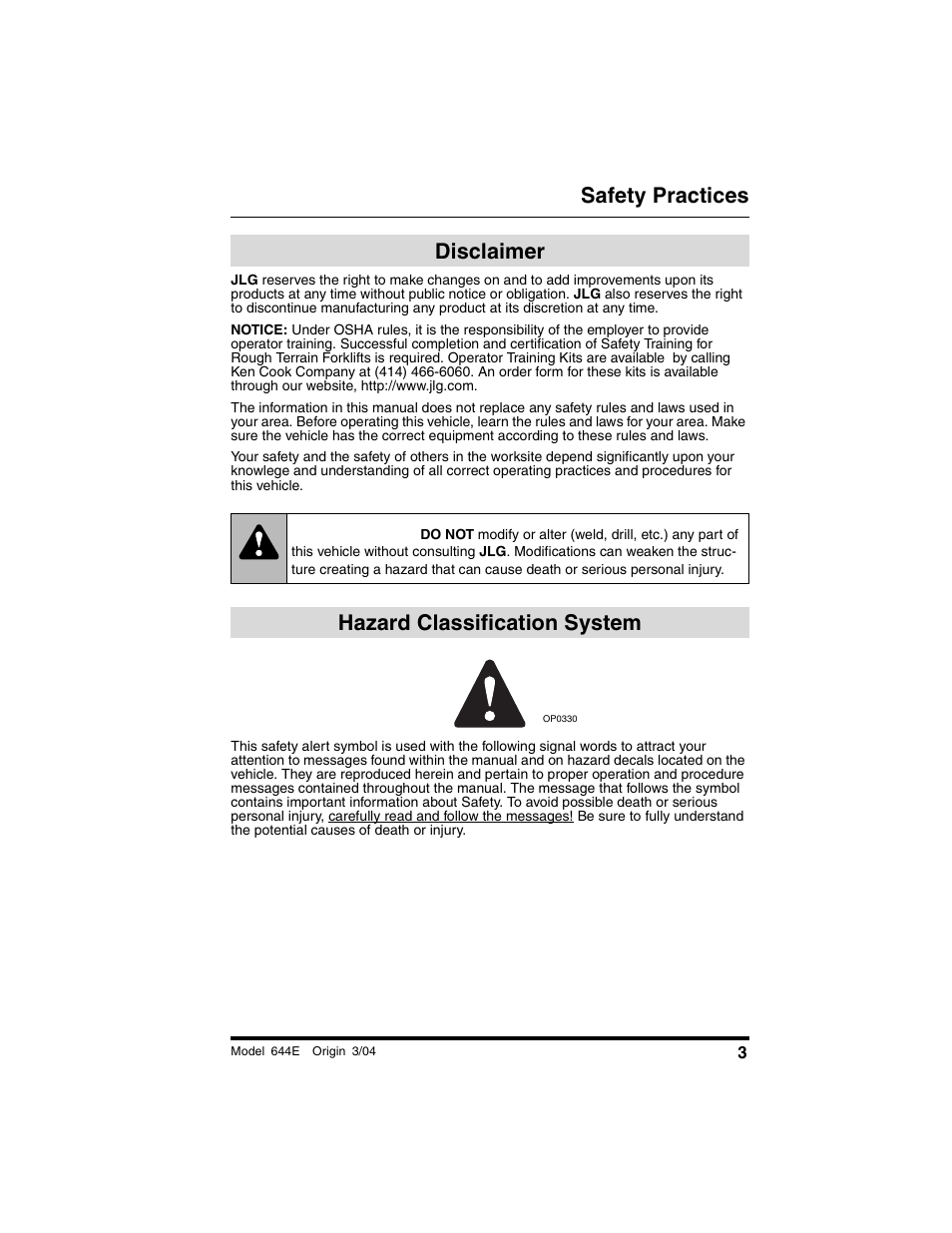 Disclaimer, Safety practices, Hazard classification system | Warning | Lull 644E-42 Operation Manual User Manual | Page 5 / 200