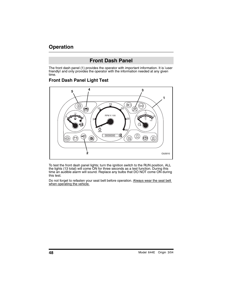 Front dash panel, Front dash panel light test, Operation | Lull 644E-42 Operation Manual User Manual | Page 50 / 200