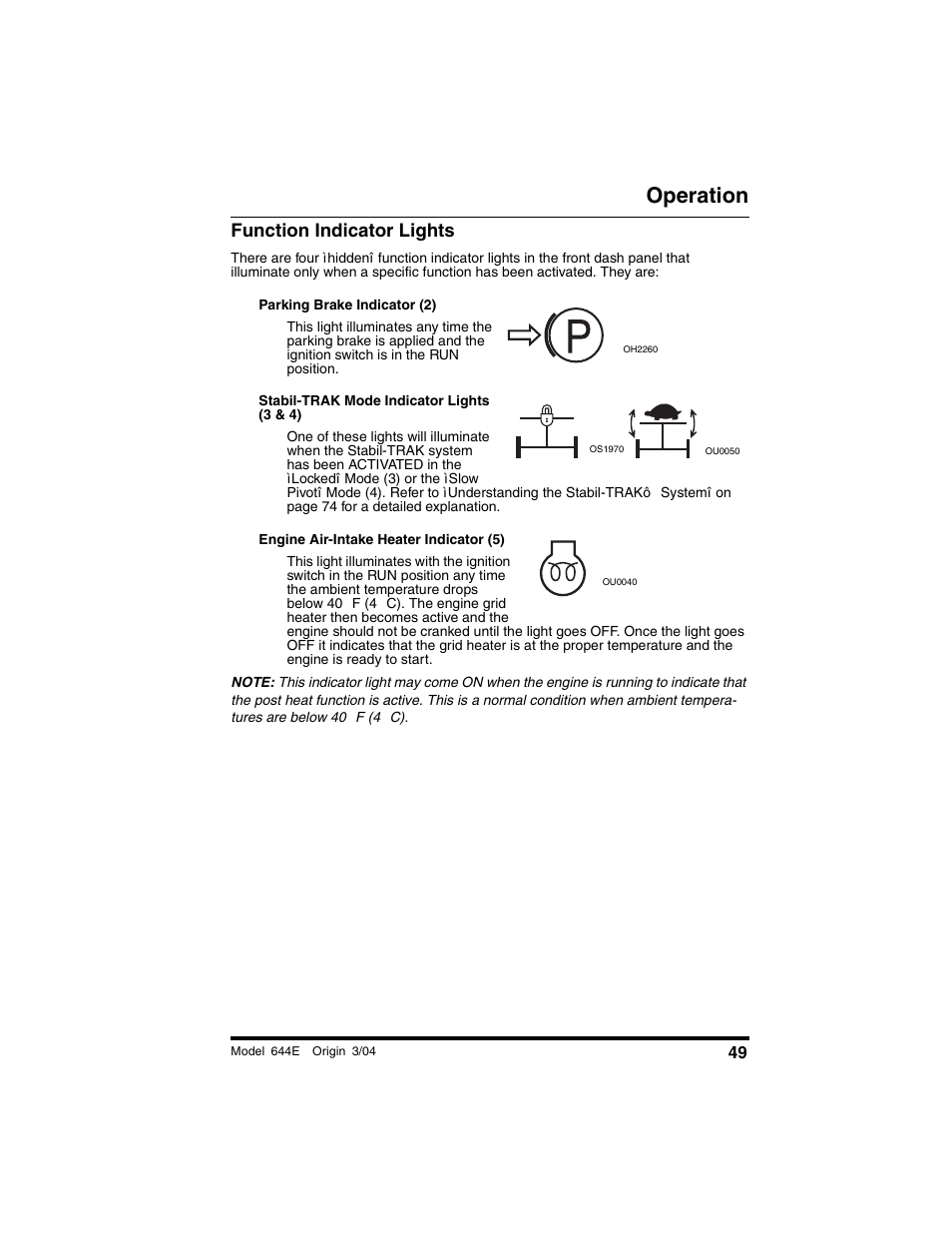 Function indicator lights, Operation | Lull 644E-42 Operation Manual User Manual | Page 51 / 200