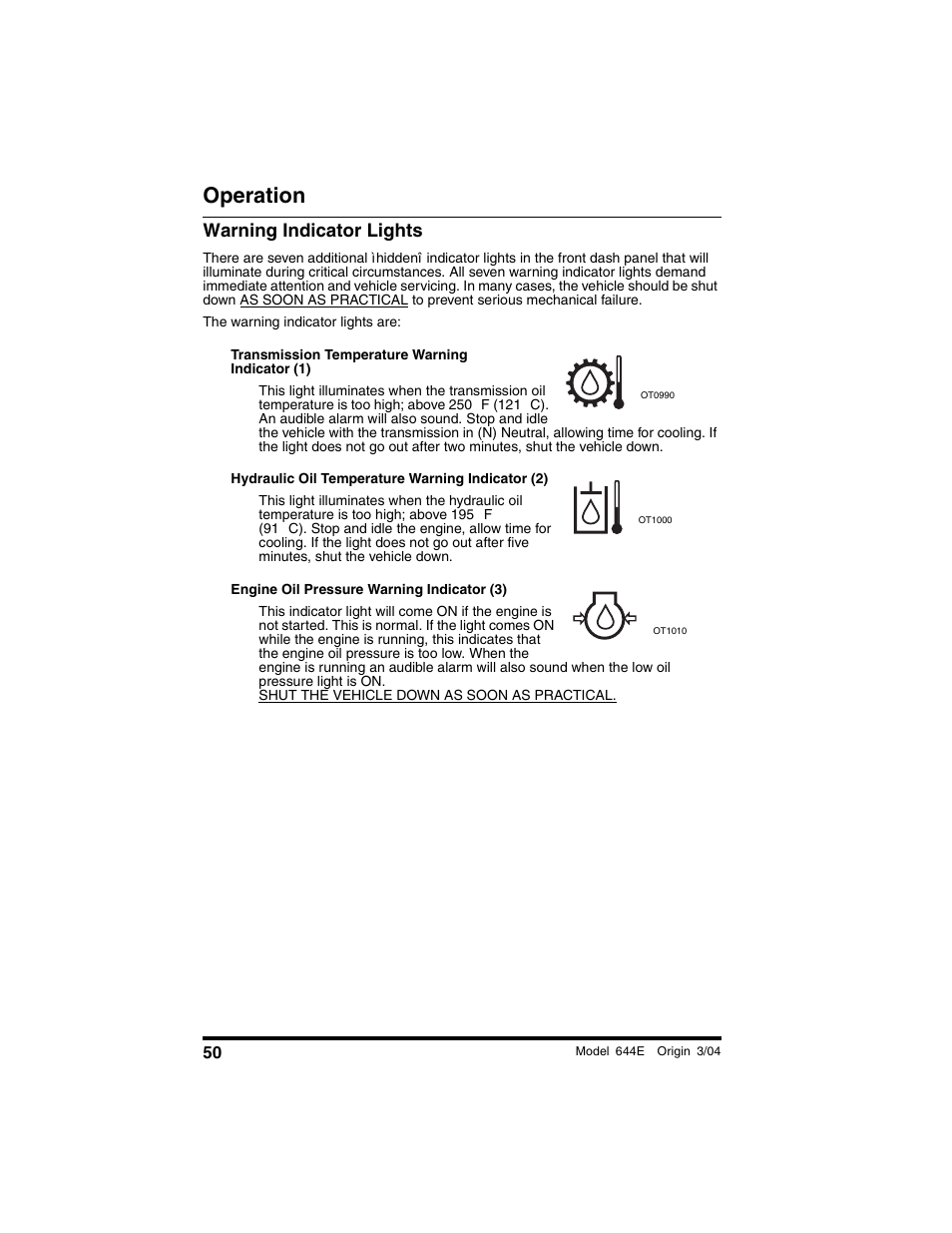 Warning indicator lights, Operation | Lull 644E-42 Operation Manual User Manual | Page 52 / 200