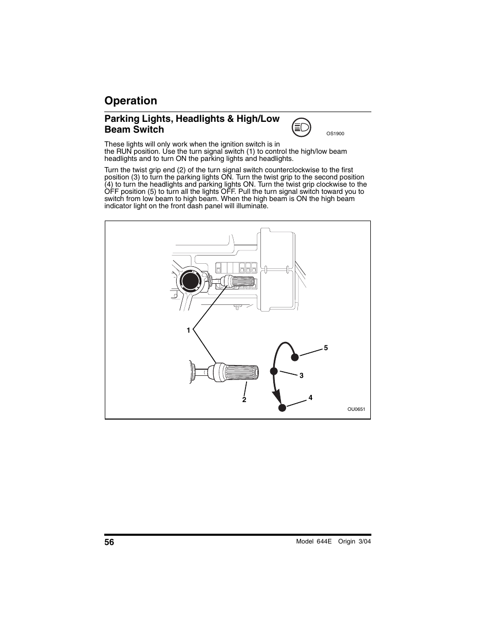 Parking lights, headlights & high/low beam switch, Operation | Lull 644E-42 Operation Manual User Manual | Page 58 / 200